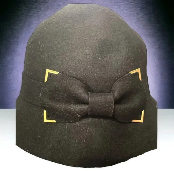 AVINTAGE BLACK WOOL HAT WITH GOLD OUTLINED BOW, FUNNY GIRL VIBES ONE SIZE - Picture 6 of 9